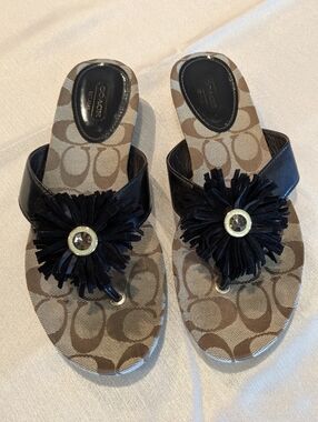 Coach Women's Size 8 Dark Brown Signature Canvas Thong Sandal with Flower Accent